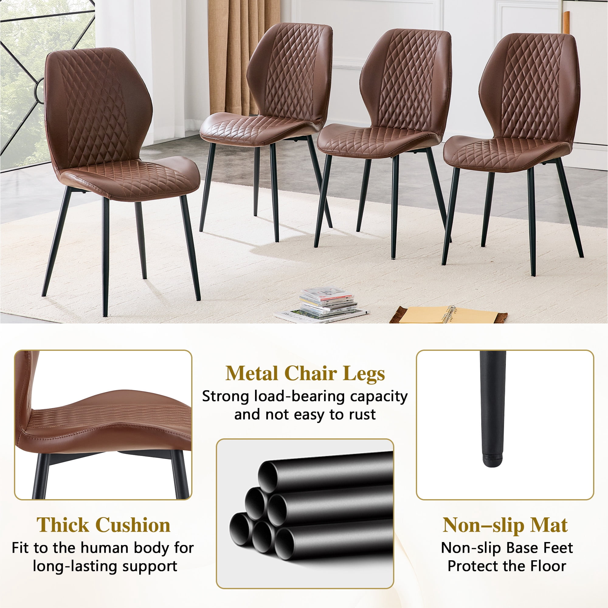MOONMISS Dining Chairs Set of 4,Modern luxury Diamond-Quilted PU chairs with black metal legs for Dining Room Living Room,Brown
