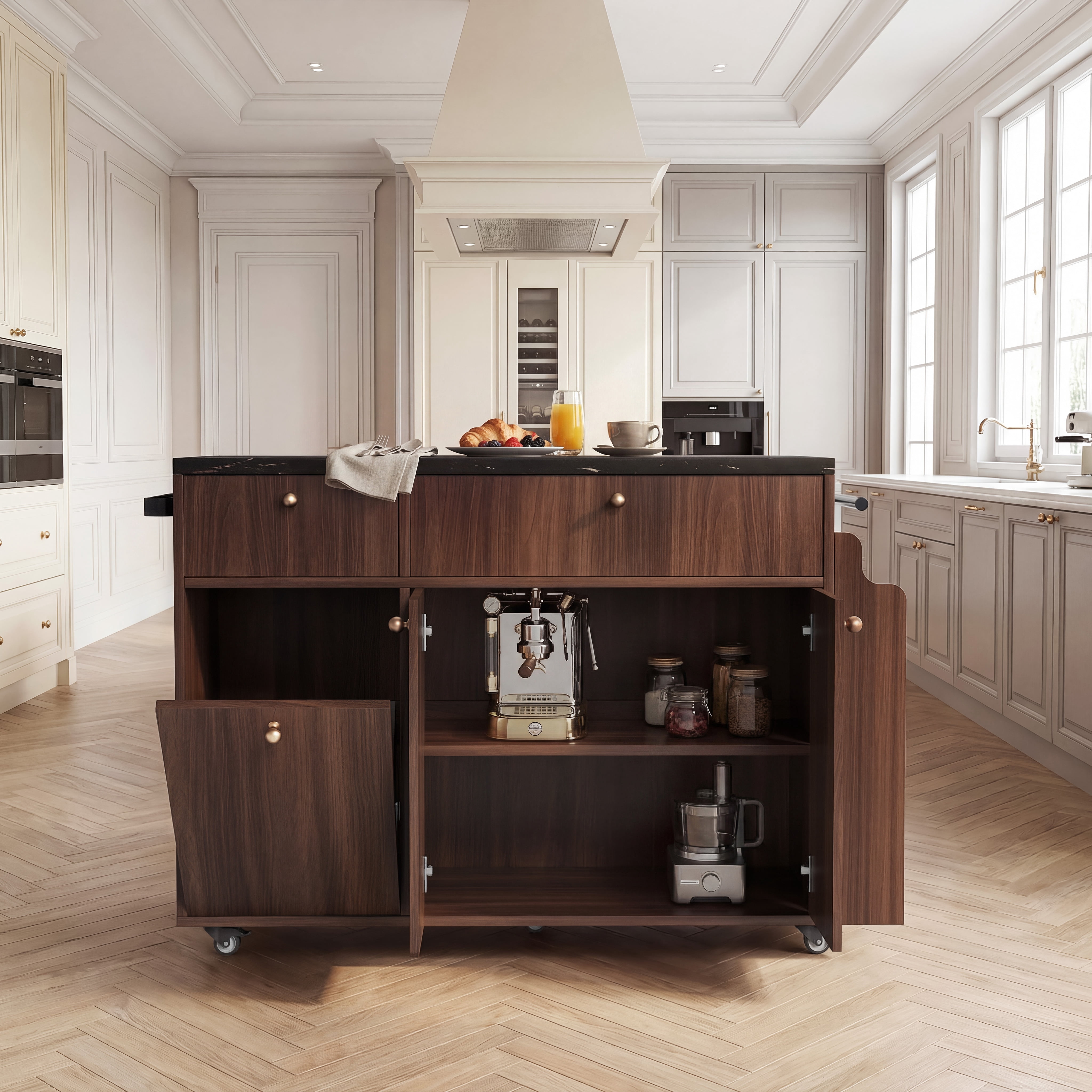 Mintazer Kitchen Island with Storage Rolling Kitchen Island Cart with Drop Leaf Extension, Drawers, Spice Rack, Towel Bar, Mobile Kitchen Cart for Kitchen & Dining Room, Walnut