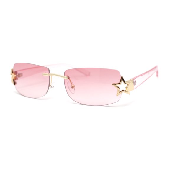 Womens Rhinestone Star Jewel Rimless Designer Sunglasses Gold Pink - Pink