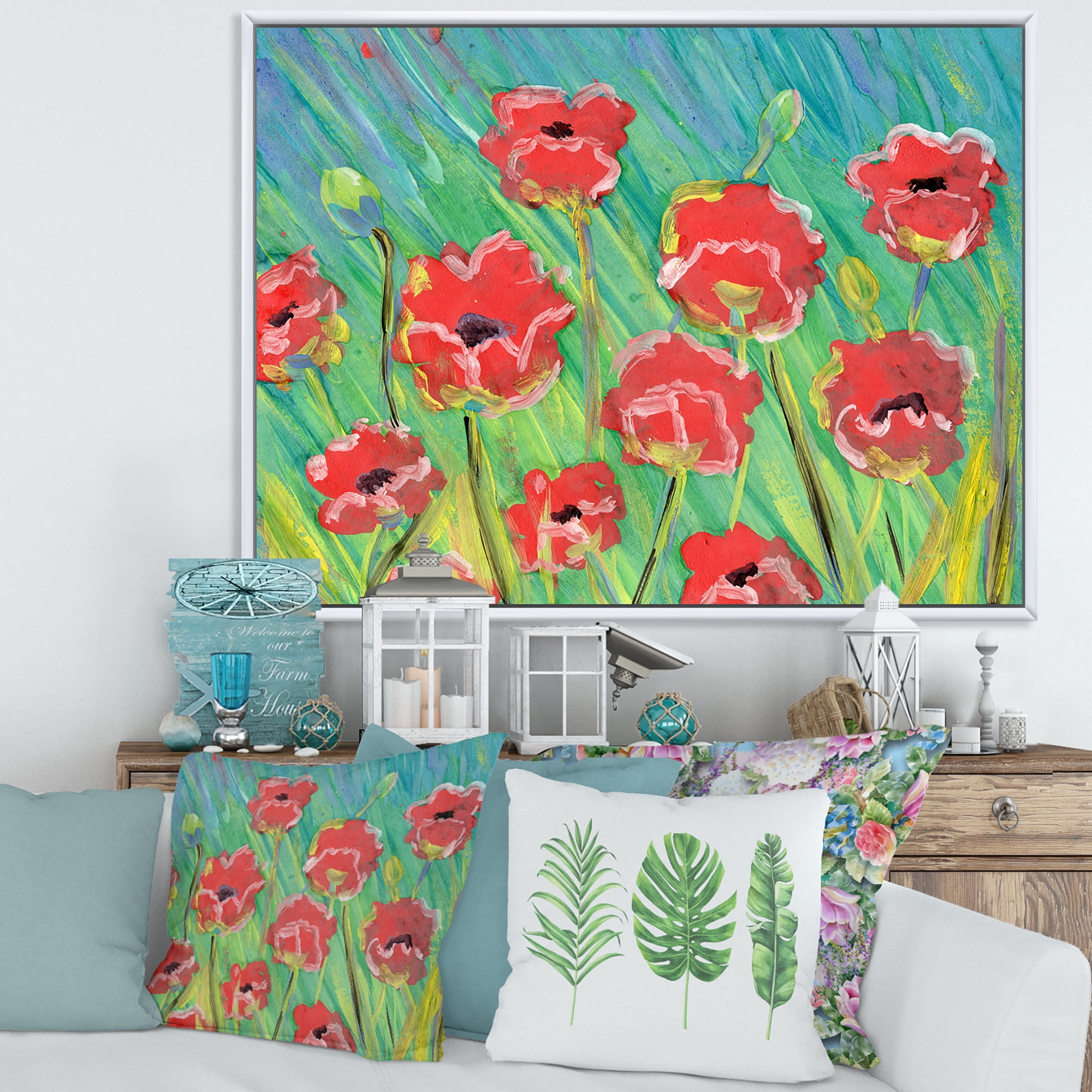 Gouache Of Blooming Red Poppies 32 in x 24 in Framed Painting Canvas Art Print, by Designart