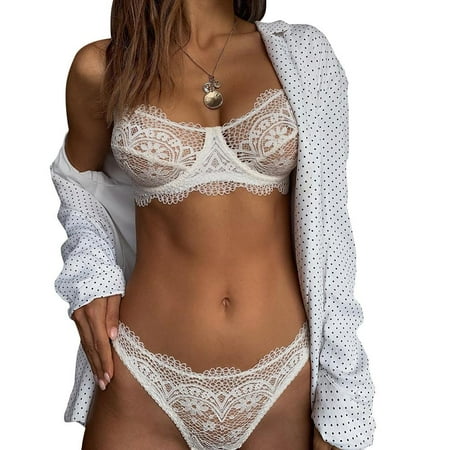 

WTPretty Womens Bralette Lace Unlined Wriefree Bra Thong Panties 2pcs Lingerie Set
