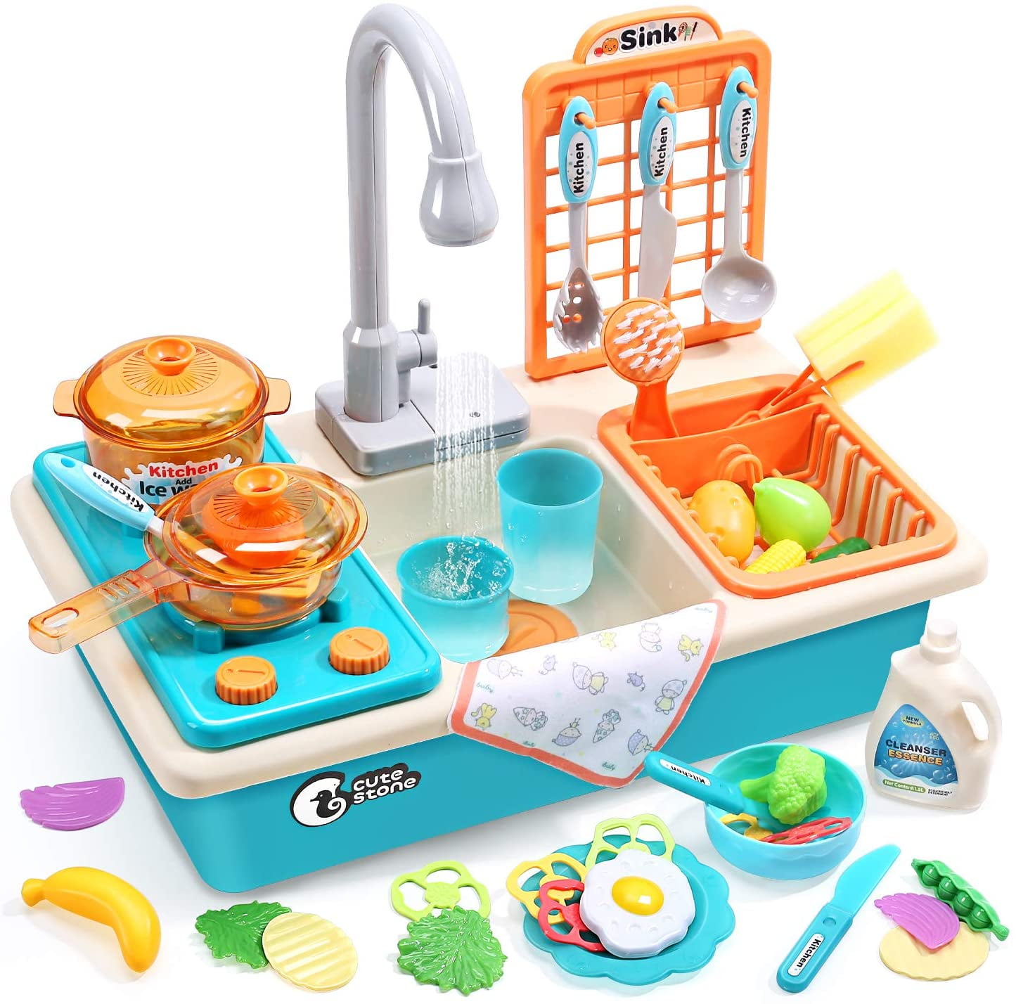 Pretend Play Kitchen Sink Toys with Play Cooking Stove Pot Pan Utensils For Kids 