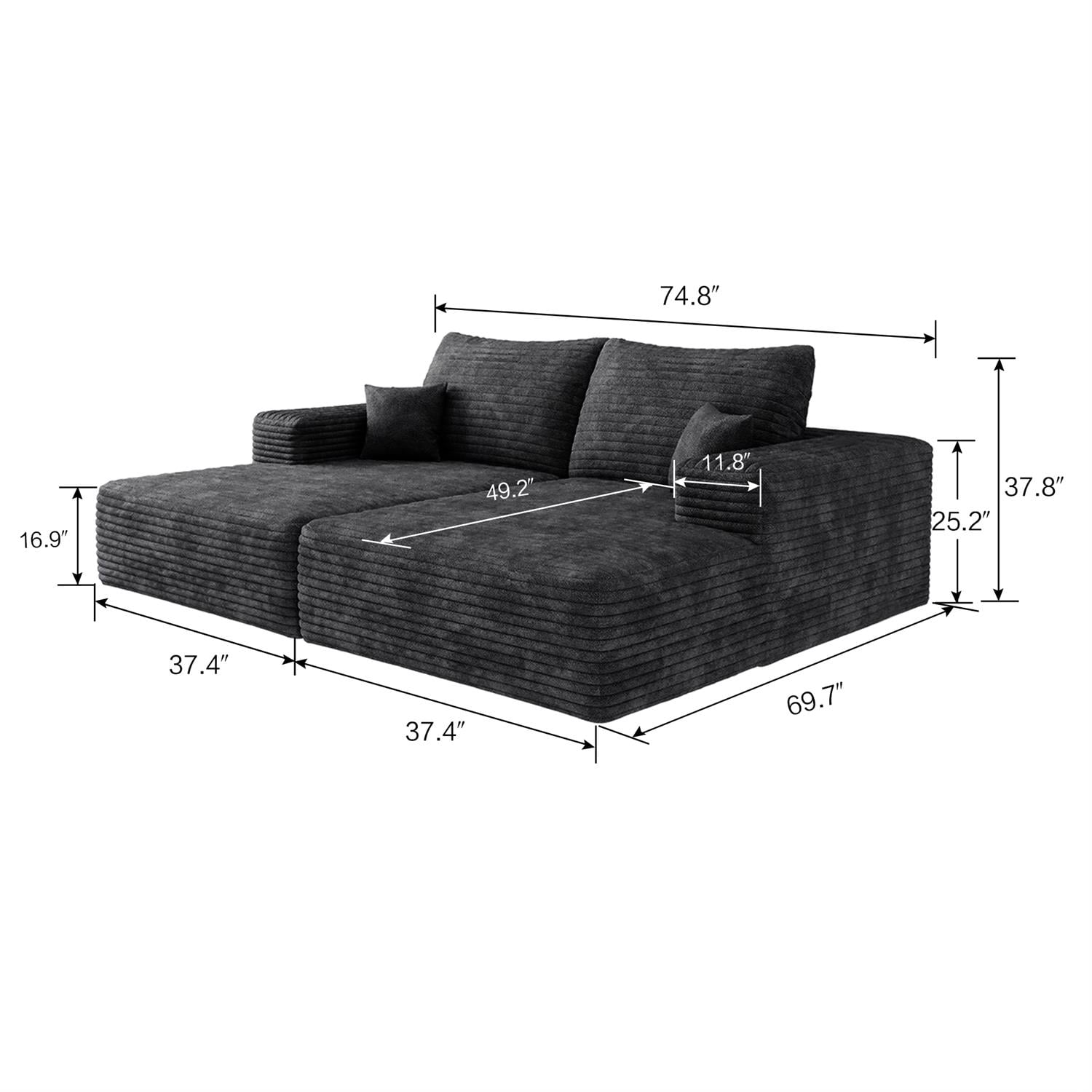 Demi Bonn 74.8" Modern Plush Corduroy Sofa Bed, Dual Sleeper & Lounger for Movie Room, No Assembly Needed, Black