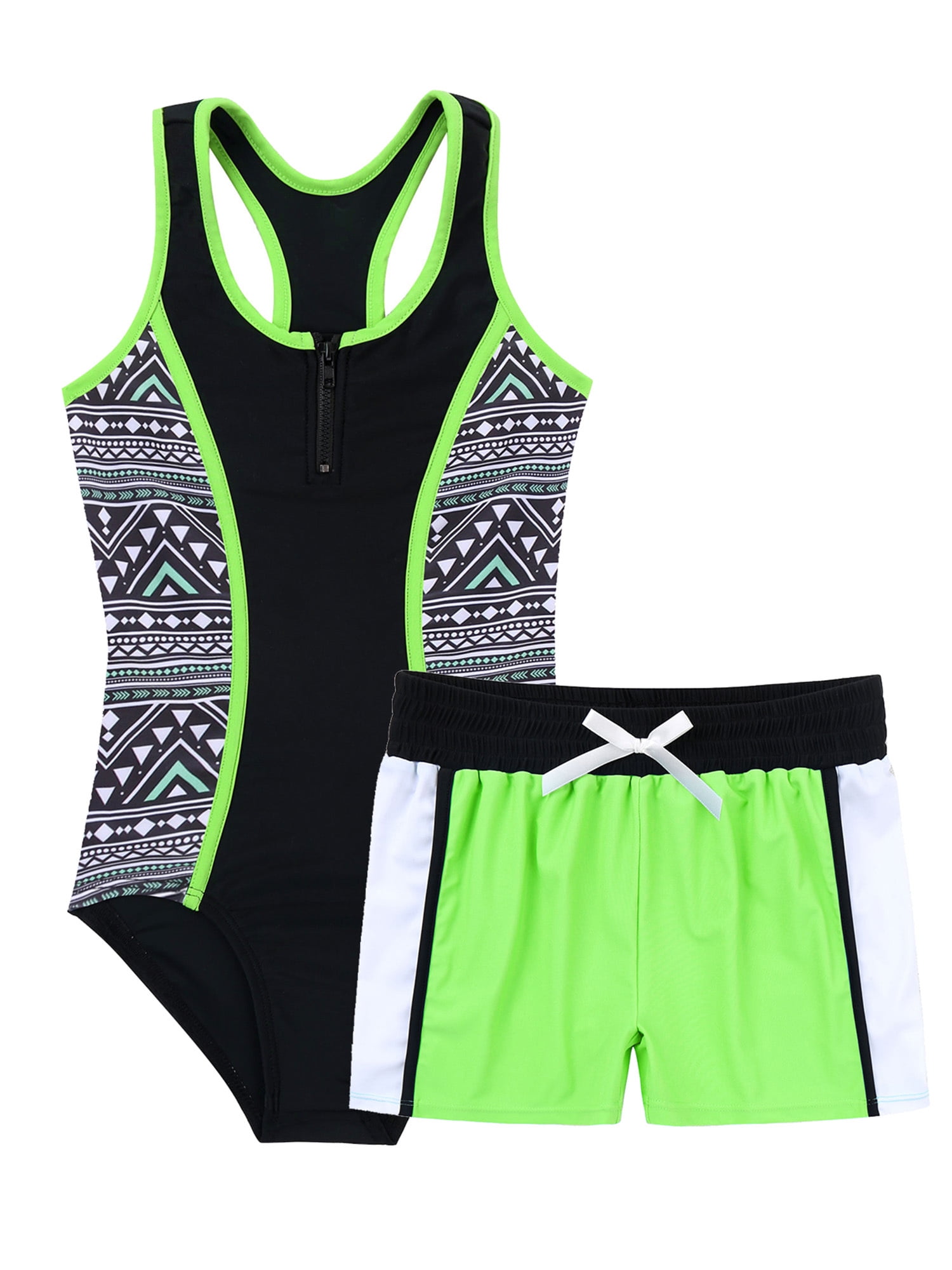 CHICTRY Girls 2-pc Printed Swimsuit Swimming Jumpsuit with Shorts Beachwear Fluorescent Green 10