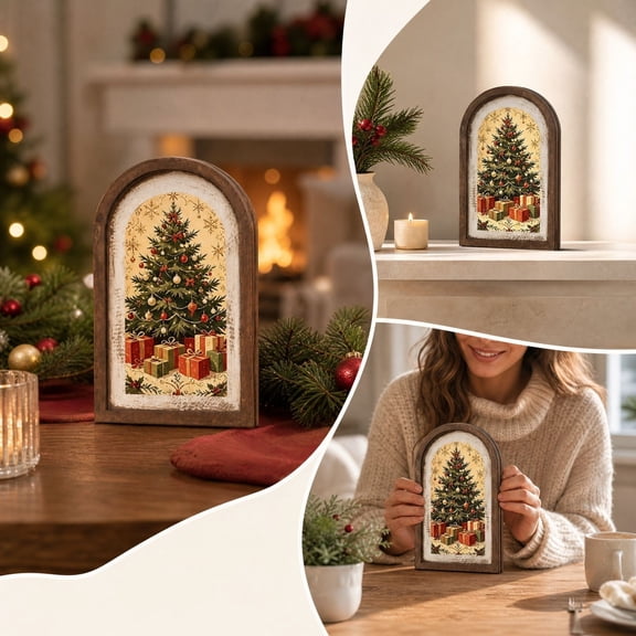 Vintage Framed Christmas Wall Art Decor, Wooden Arch Display Wall Hanging Decor, Rustic Christmas Pictures for Table Wall Farmhouse Home Decor(A)