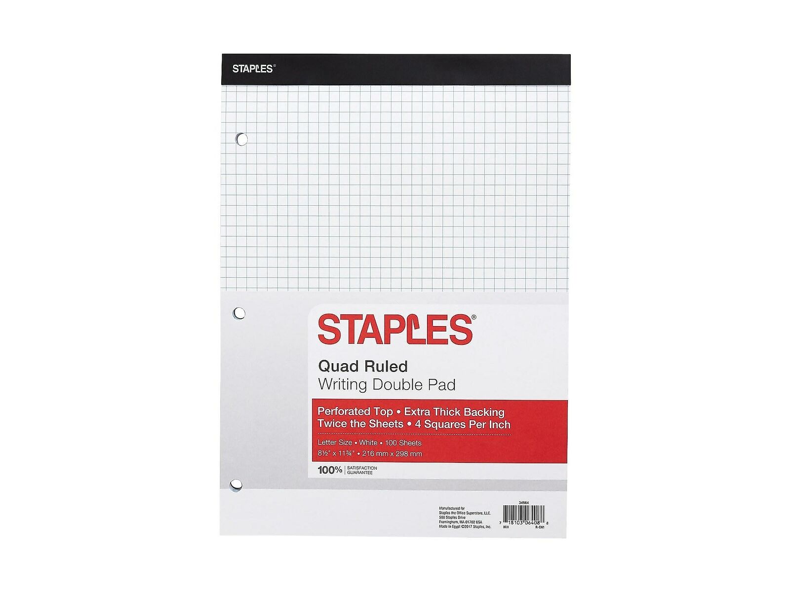 Staples Notepad 8.5" x 11" Quad Ruled White 100 Sheets/Pad (34964CC