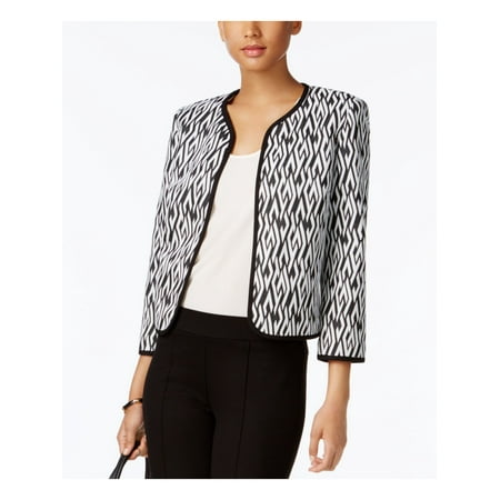 KASPER $96 Womens New 1421 Black White Geo Print Open Front Blazer 2 Petites B+B