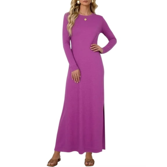 LIaqionyy Women's Maxi Dress Long Sleeve Casual Solid Color Crew Neck Split Side Summer Dresses Clothes