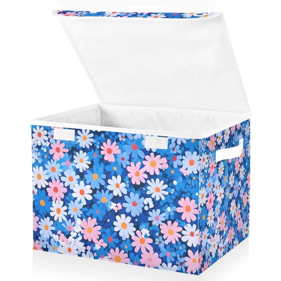 Yayeee Collapsible Cube Storage Bin with Lid Fabric Closet Decorative Basket with Handles, Blue Daisy
