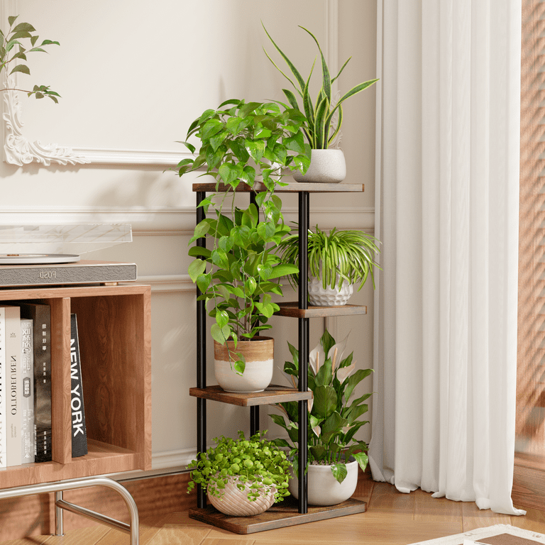Bamworld, Plant Stand Indoor, Brown, 4-Tier Corner Metal Plant