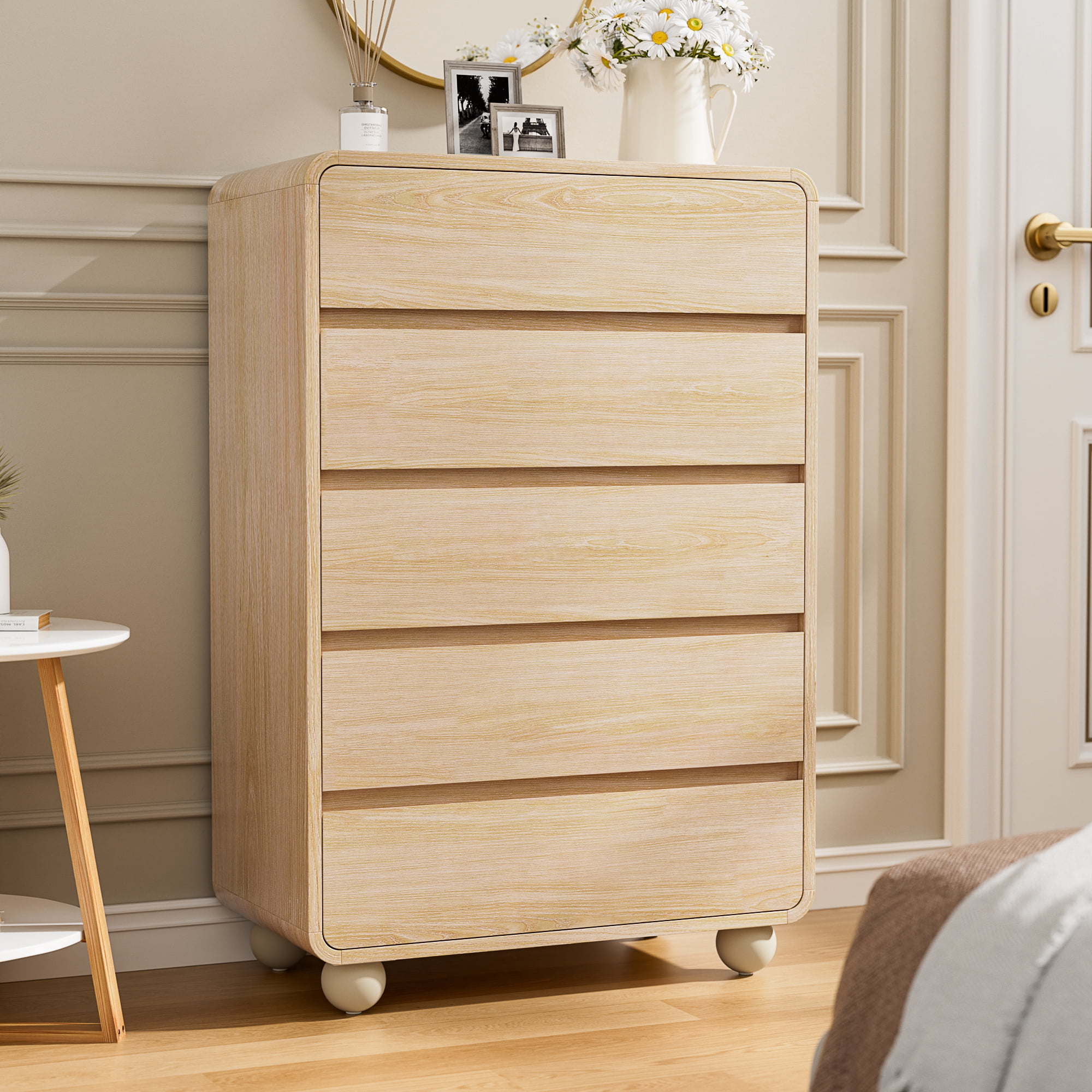 Laintene Tall Dresser 5 Drawer, Modern Wood Dresser for Bedroom, 41" Fluted Chest of Drawers with Curved Profile Design, Natural