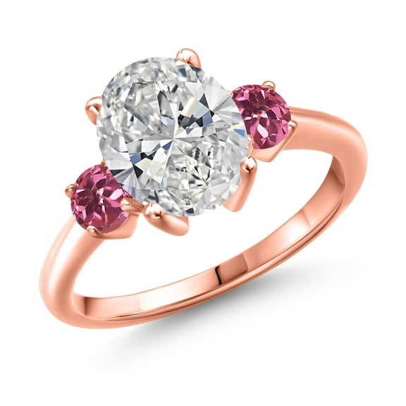 2.50 cttw IGI Certified Lab Grown Diamond and Pink Tourmaline 3-Stone Engagement Ring for Women | 18K Rose Gold Plated Silver | Center 2.00 Ct Diamond | E-F Color | VS1-VS2 Clarity | Size 7