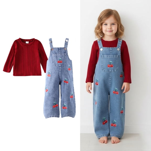 Two Piece Sets for Girls Long Sleeve Ribbed Knit Top and Overalls Jeans Set Girl Spring Clothes Little Girl Clothes 12-18 Months