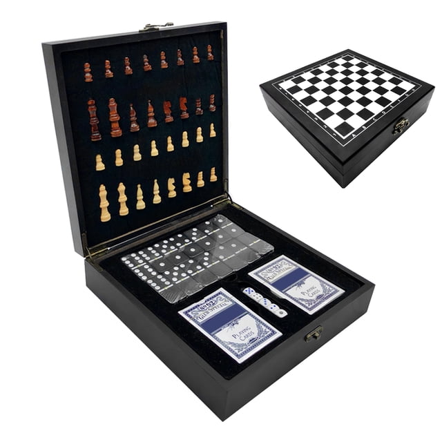 4-IN-1 Chess Set Kids Adults Chess Board Game for Playing Chess Cards Dices Dotted Tiles