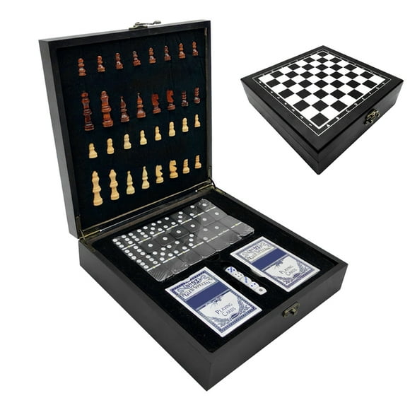 4-IN-1 Chess Set Kids Adults Chess Board Game for Playing Chess Cards Dices Dotted Tiles