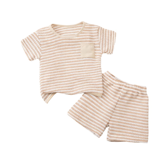 Ensemble T-Shirt et Short pour Garçons Filles, 2-8 Ans, Haut à Manches Courtes à Col Rond Rayé avec Poche et Short à Taille Élastique