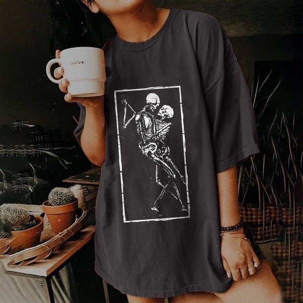 Pntutb Blusa de manga corta con estampado de calavera, sol y luna, estilo vintage, para mujer Pntutb Pntutb-3303