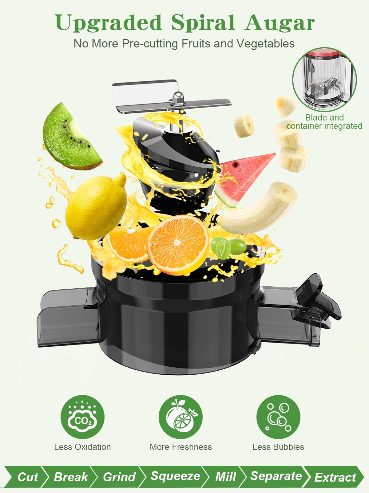 GlowWise Juicer Machines with Built-in Blades for Slicing Whole Fruits & Vegetables, Cold Press Juicer with 4.35" Large Feeding Chute, Easy to Clean, Quiet Masticating Juicer with High Juice Yield
