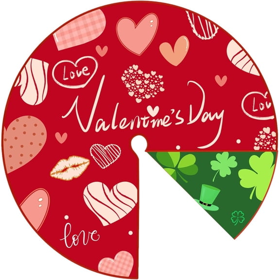 36 Inch Valentine''s Day Tree Skirt St. Patrick''s Day Tree Skirt Love Heart Clover Double Sided Print Mat Round Green Christmas Tree Skirt for Holiday Home Party Decor Supplies