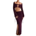 thumbnail image 3 of VISgogo, conjunto de ropa de moda para mujer, Tops cortos de manga larga de Color sólido con falda larga dividida de cintura alta de vendaje VISgogo moda, 3 of 9