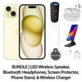 thumbnail image 1 of Restored Apple iPhone 15 256GB Yellow Fully Unlocked Bundle with LED Wireless Speaker, Bluetooth Headphones, Screen Protector, Wireless Charger, & Phone Stand (Refurbished), 1 of 9