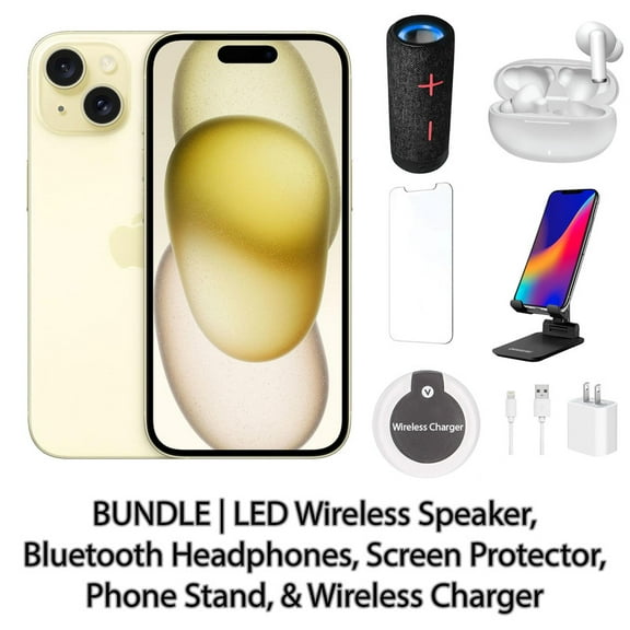 Restored Apple iPhone 15 128GB Yellow Fully Unlocked Bundle with LED Wireless Speaker, Bluetooth Headphones, Screen Protector, Wireless Charger, & Phone Stand (Refurbished)