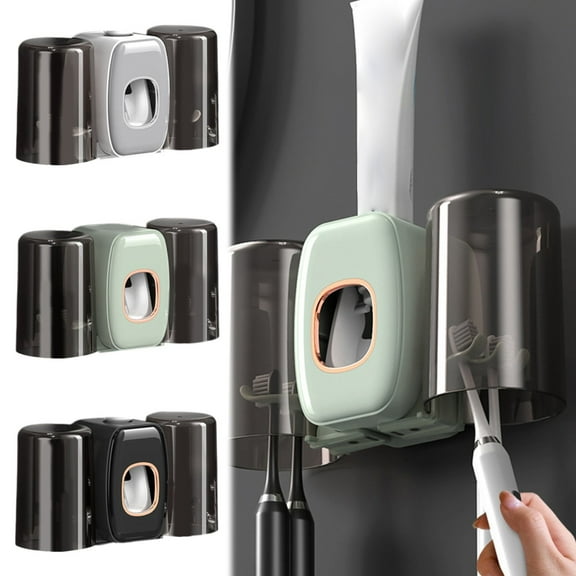 Bathroom Accessories Toothbrush Holders Wall Mounted Toothpaste Dispenser for Kids Hanging Adhesive Automatic Toothbrush Holders Bathroom Decor with Toothpaste Dispenser 2 Cups Grey A Set