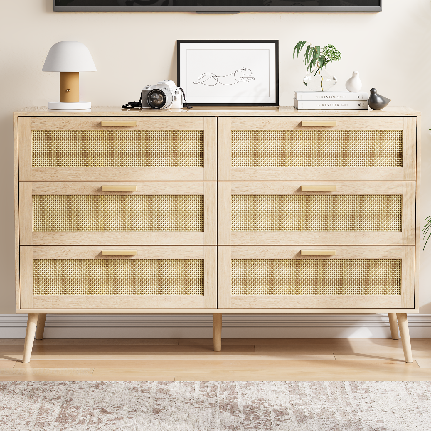 Resenkos Modern Rattan Dressers for Bedroom, 6 Drawer Dresser Organizer with Handles, Accent Chest of Drawer