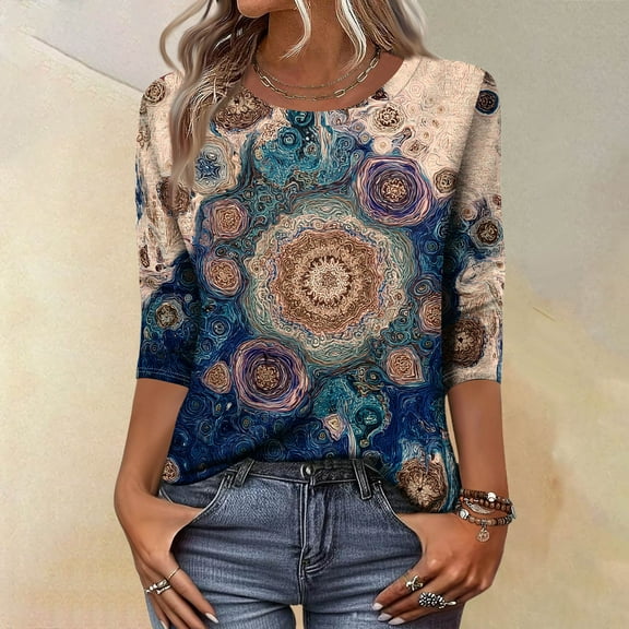 CCRFTGI 3/4 Length Sleeve Womens Tops Casual Crew Neck Tunic Blouses Trendy Vintage Floral Print T Shirts Cute Fall 2025 Clothes Blue XL