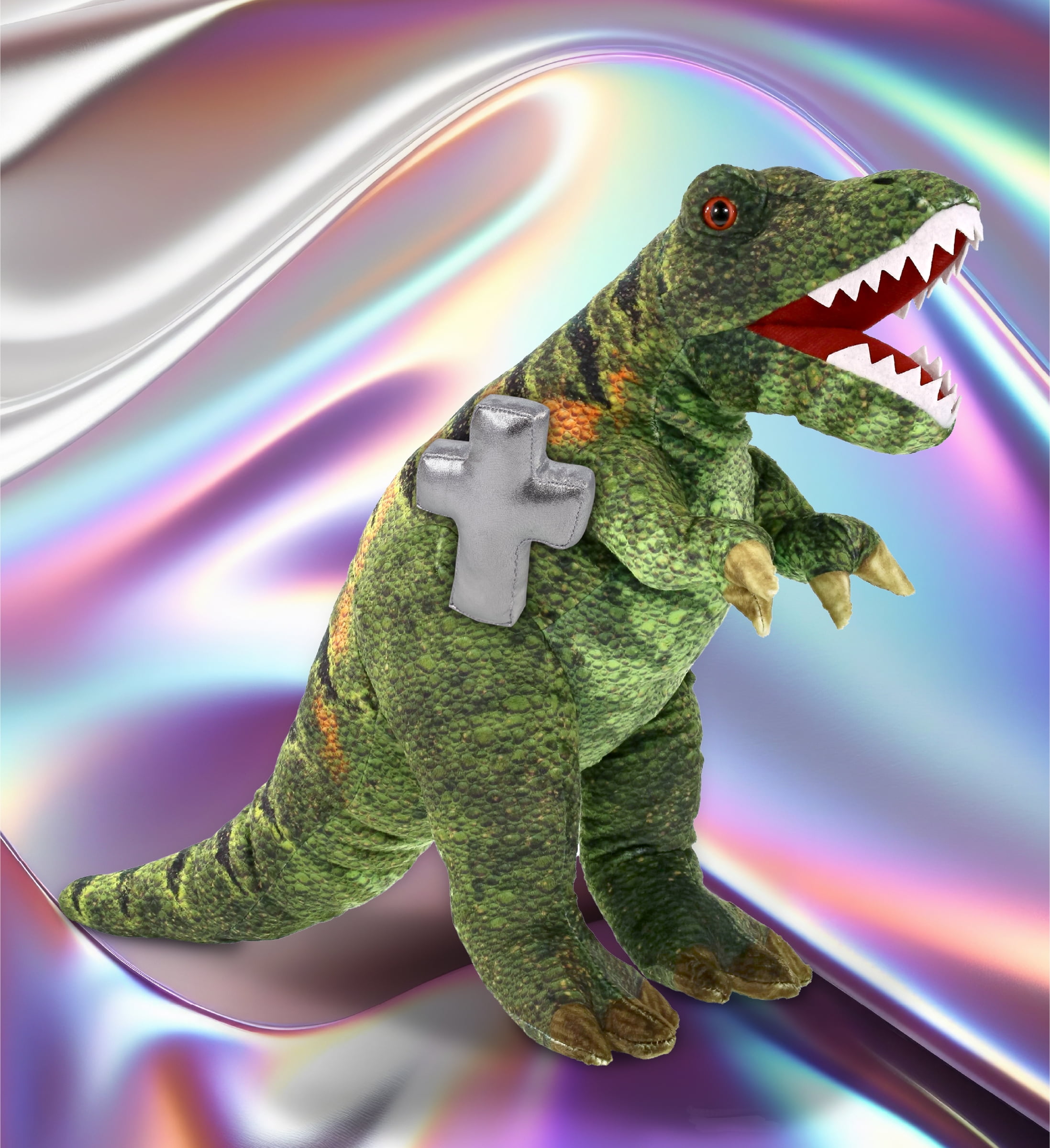 DolliBu Wild Collection T-Rex Dinosaur Stuffed Animal with Silver Cross Plush - Baptism Gifts for Boys and Girls, Dedication Christening Gifts Plush Prayer Toy Healing Stuffed Animal - 16 Inches