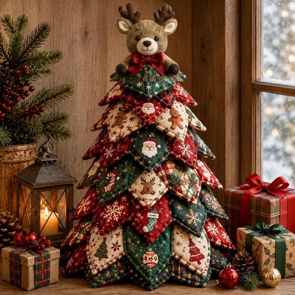 Vintage Americana Quilted Christmas Tree DIY Kit, Complete Fabric Patchwork Craft Supplies, Make Your Own Tabletop Xmas Ornament, Nice Holiday Present for Adult Craft Lovers