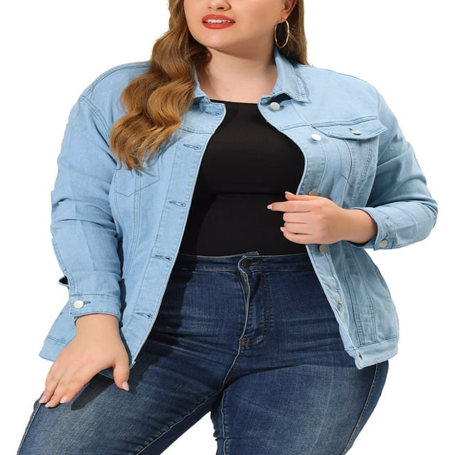Unique Bargains Women‘s Plus Size Long Sleeve Button Front Washed Denim Jacket