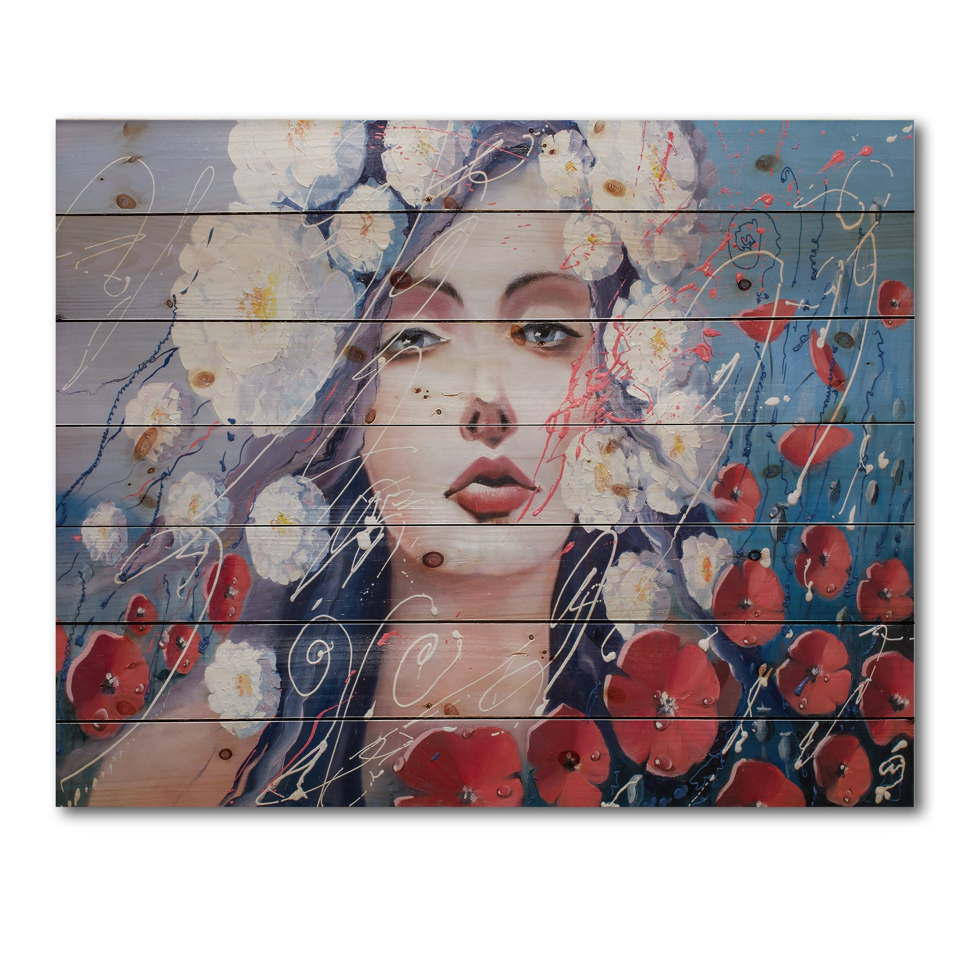 Designart 'Portrait Of A Young Lady With Red & White Flowers' Traditional Print on Natural Pine Wood