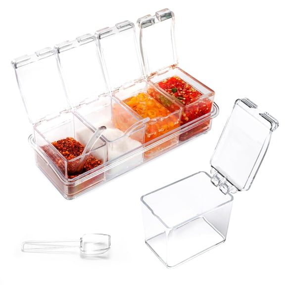 Greenpod Clear Seasoning Box, 4 Piece Seasoning Rack Spice Pots, Plastic Storage Container Condiment Jars with Lids and Spoon, Storage Container Spice Jar for Salt Sugar Tea Herbal Coffee Beans