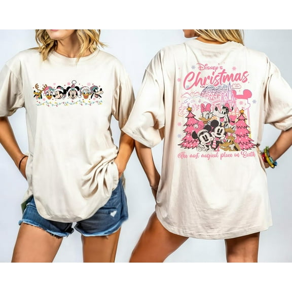 Retro 2-Sided Disney Christmas Pink Lights Shirt | Cute Mickey And Friends Xmas Tshirt | Disney Mickey's Very Merry Christmas