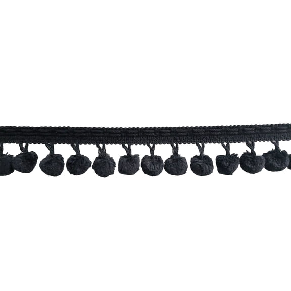 2" (5cm) Basic Trim Collection Cotton Pom Pom Ball Fringe | Fringe Trim # PPS0200,, Pure Black #K9 (Jet Black) Sold By The Yard (36"/3 ft/0.9m)