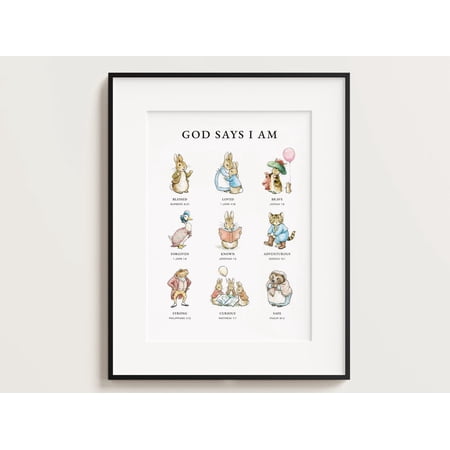Peter Rabbit Classic Beatrix Potter God Says I Am Biblical Affirmations Christian Nursery Decor Scripture Bible Verses Poster, Poster Only
