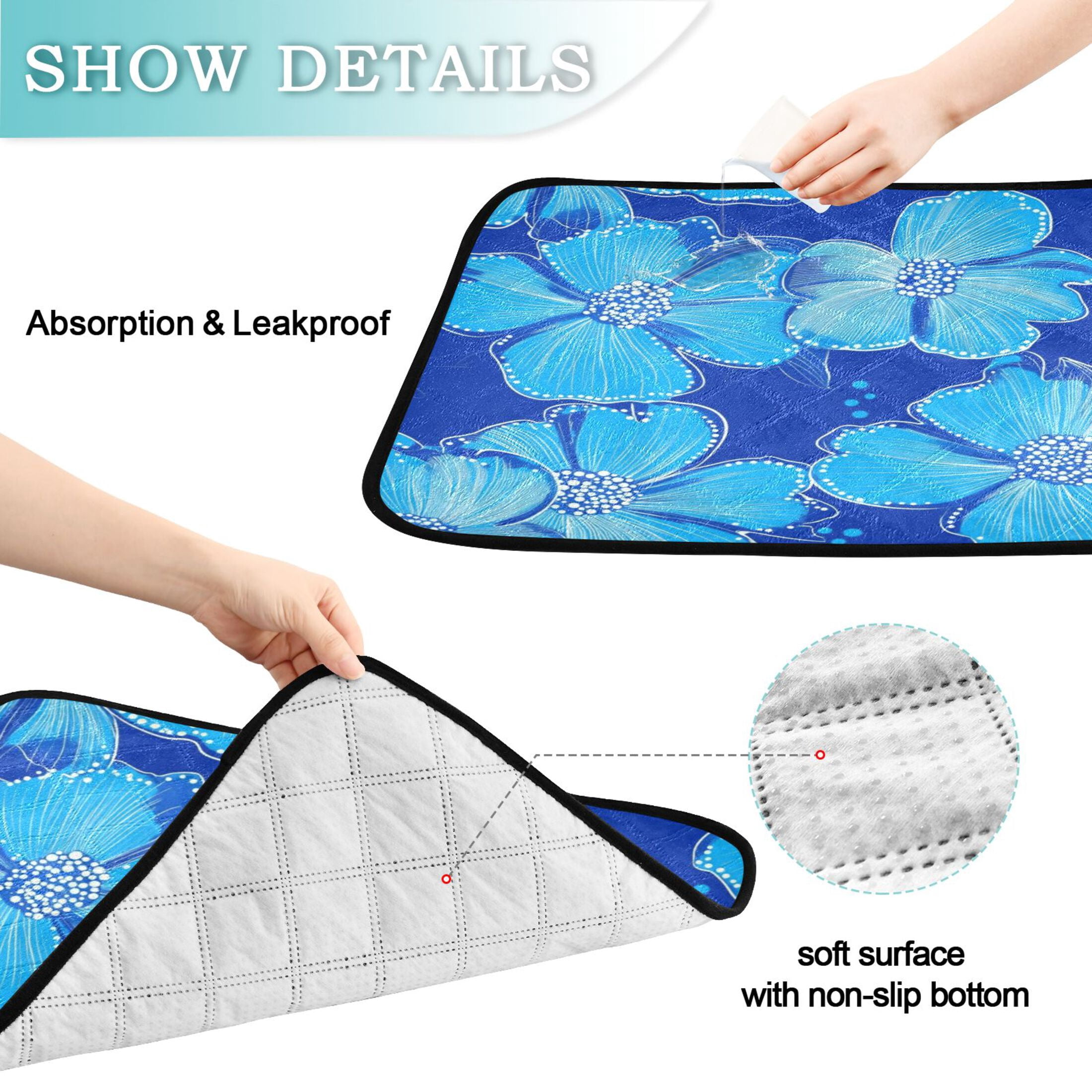 Washable Pet Pee Pads with Super Absorbent Reusable Training Pads for Dogs & Cats Blue Flowers Small Dot Design
