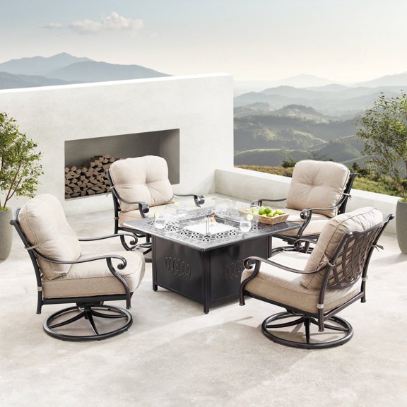 Oakland Living  42 in. Outdoor Aluminum Square Fire Table Set with Four Deep Seating Swivel Rocking Chair - 5 Piece