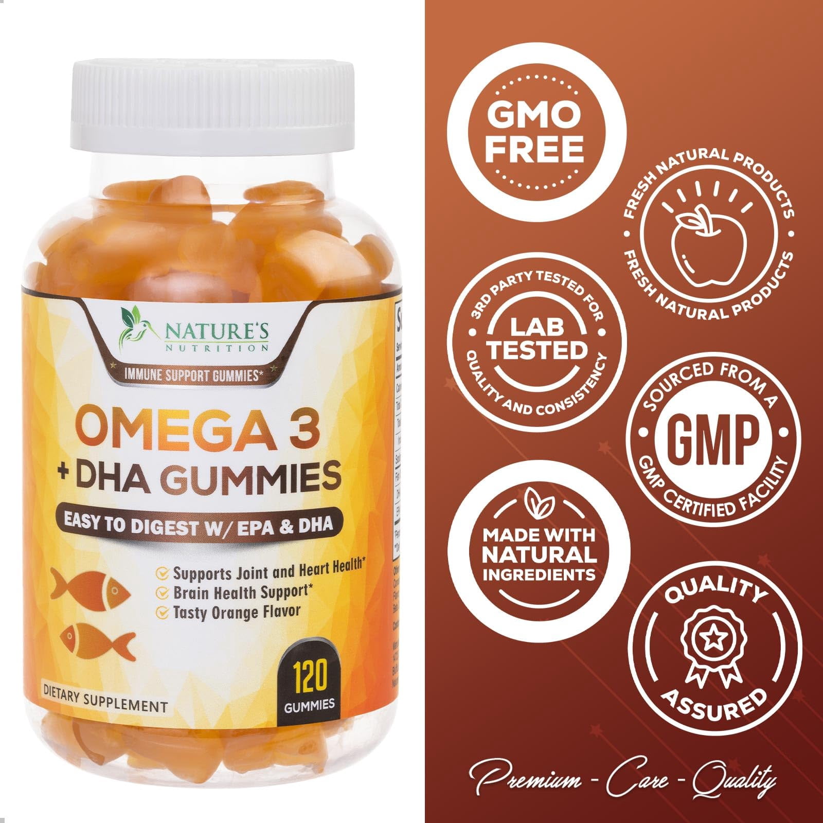 Omega 3 Fish Oil Gummies, Heart Healthy Omega 3 Gummy Supplement with High Absorption DHA & EPA, Extra Strength Joint & Brain Support, Delicious Orange Flavor Fish Oil Nature's Vitamin - 120 Gummies