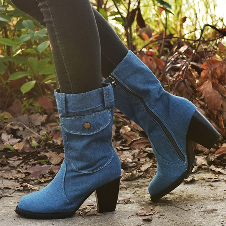 Leozcaa Denim Mid-Calf Boots for Women Round Toe Chunky High Heel