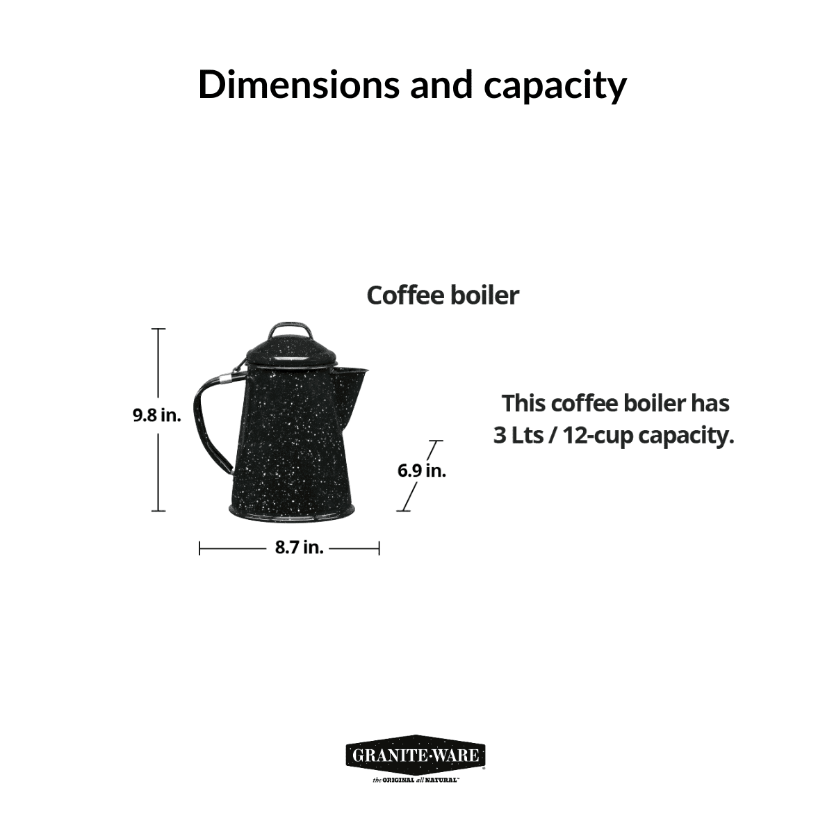 Granite Ware 3 qt Coffee Boiler. Enameled Steel 12 Cups Capacity. Perfect for Camping, Heat Coffee, Tea and Water Directly on Stove or Fire.