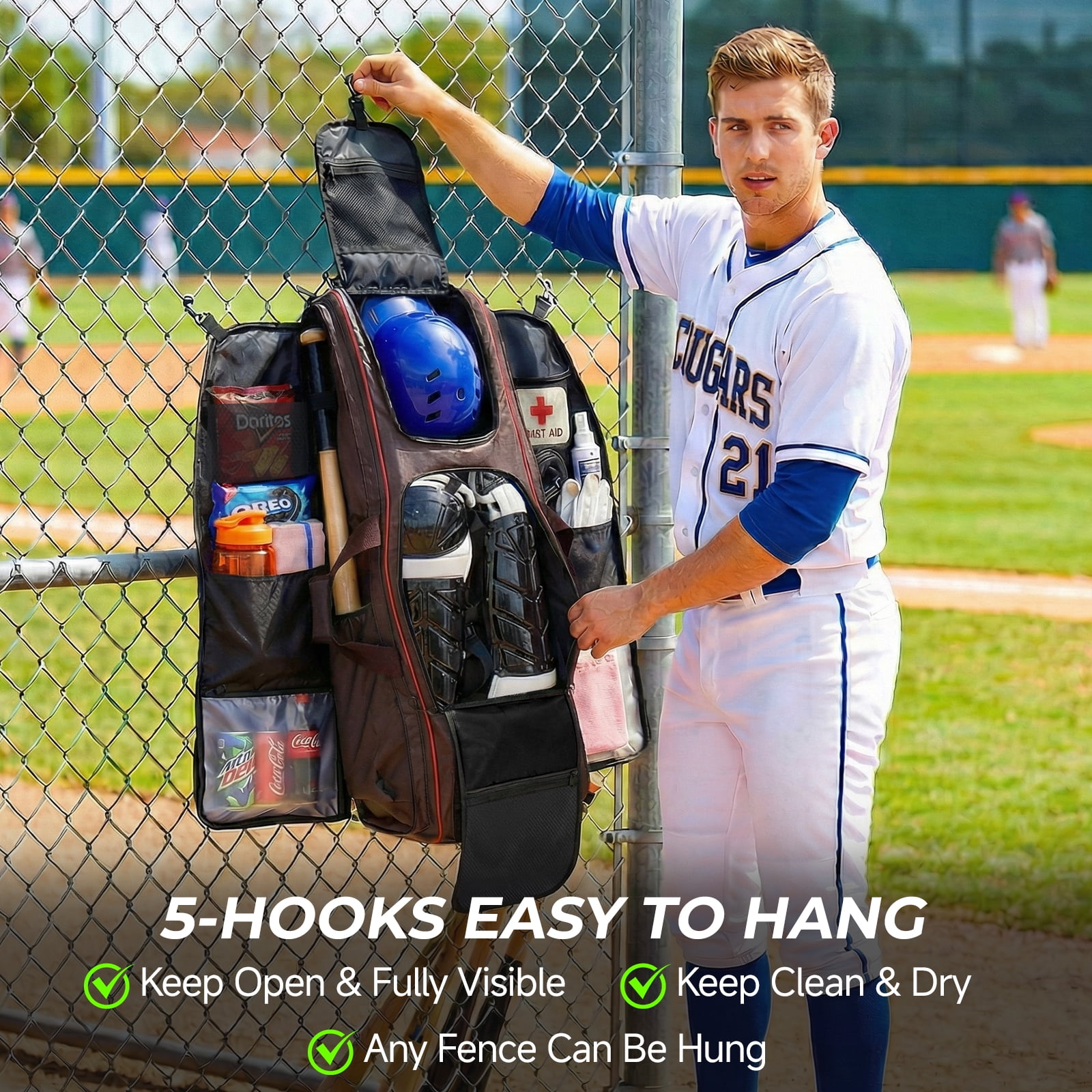 Fegat Rolling Baseball Bag, 100L Large Catcher Gear Bag Softball Bags with Wheels, Youth Equipment Bag Holds 8 Bats, Full Set, with Fence Hooks, Reflective Strip, Shoe Compartment