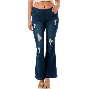 Jvini Women's Flare Jeans Pull-On Ripped Distressed Flared Denim Fitted Regular Length Medium Blue Wash