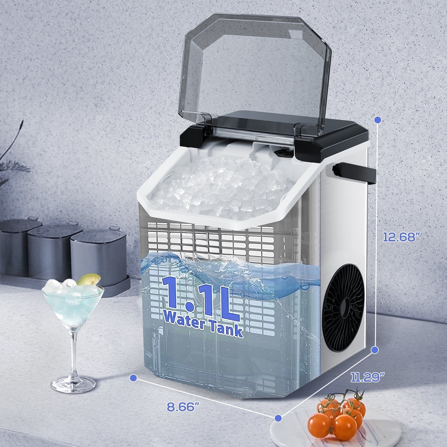 Auseo SS Nugget Countertop Ice Maker with Soft Chewable Ice, 35Lbs/24H, Self-Cleaning, Ice Scoop, Stainless Steel Silver, for Kitchen/Office/Party