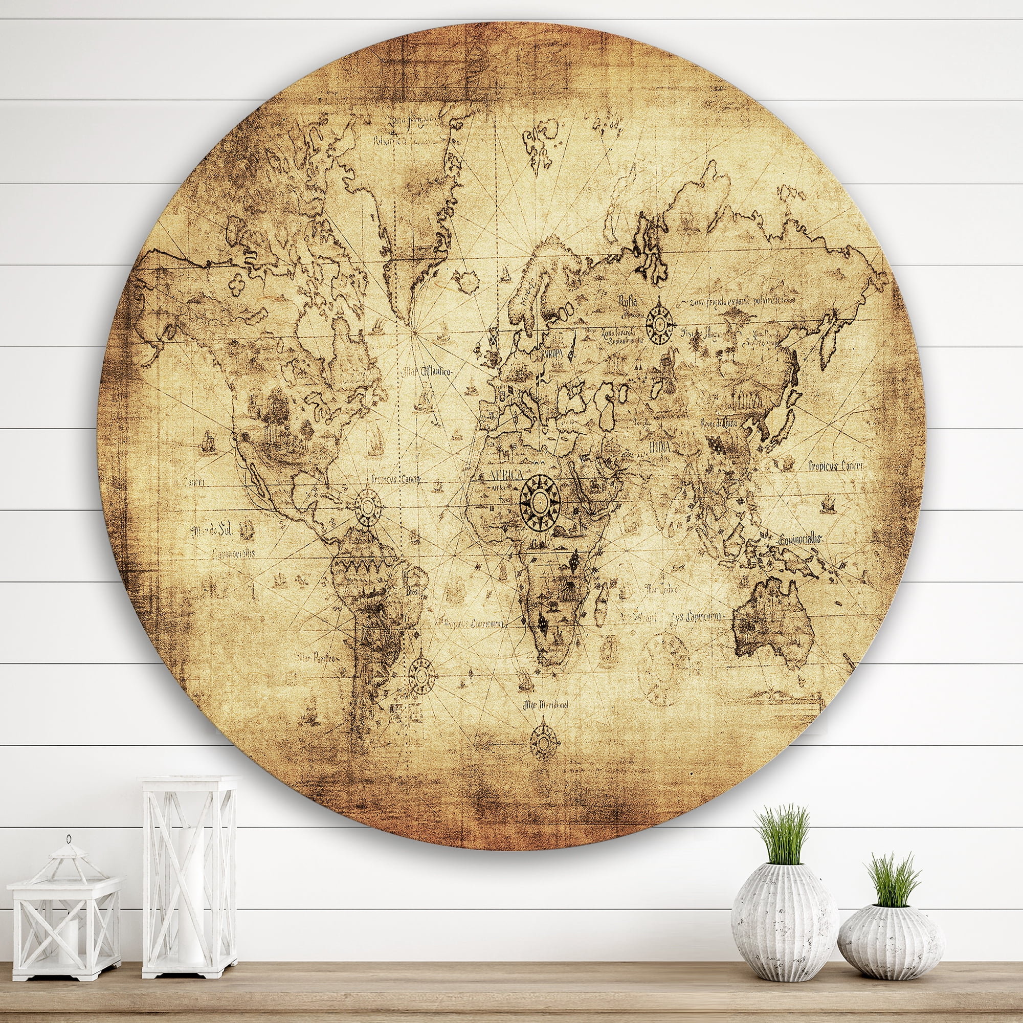 Designart 'Ancient World Map IV' Vintage Circle Metal Wall Art 36x36 - Disc of 36
