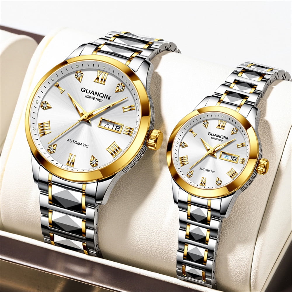 GUANQIN Women Men Couple Lovers Day Date Vintage Wristwatch Analog Japanese MIYOTA Automatic Self-Winding Mechanical Sapphire Crystal Wrist Watch Stainless Steel Luminous Waterproof Business Clock