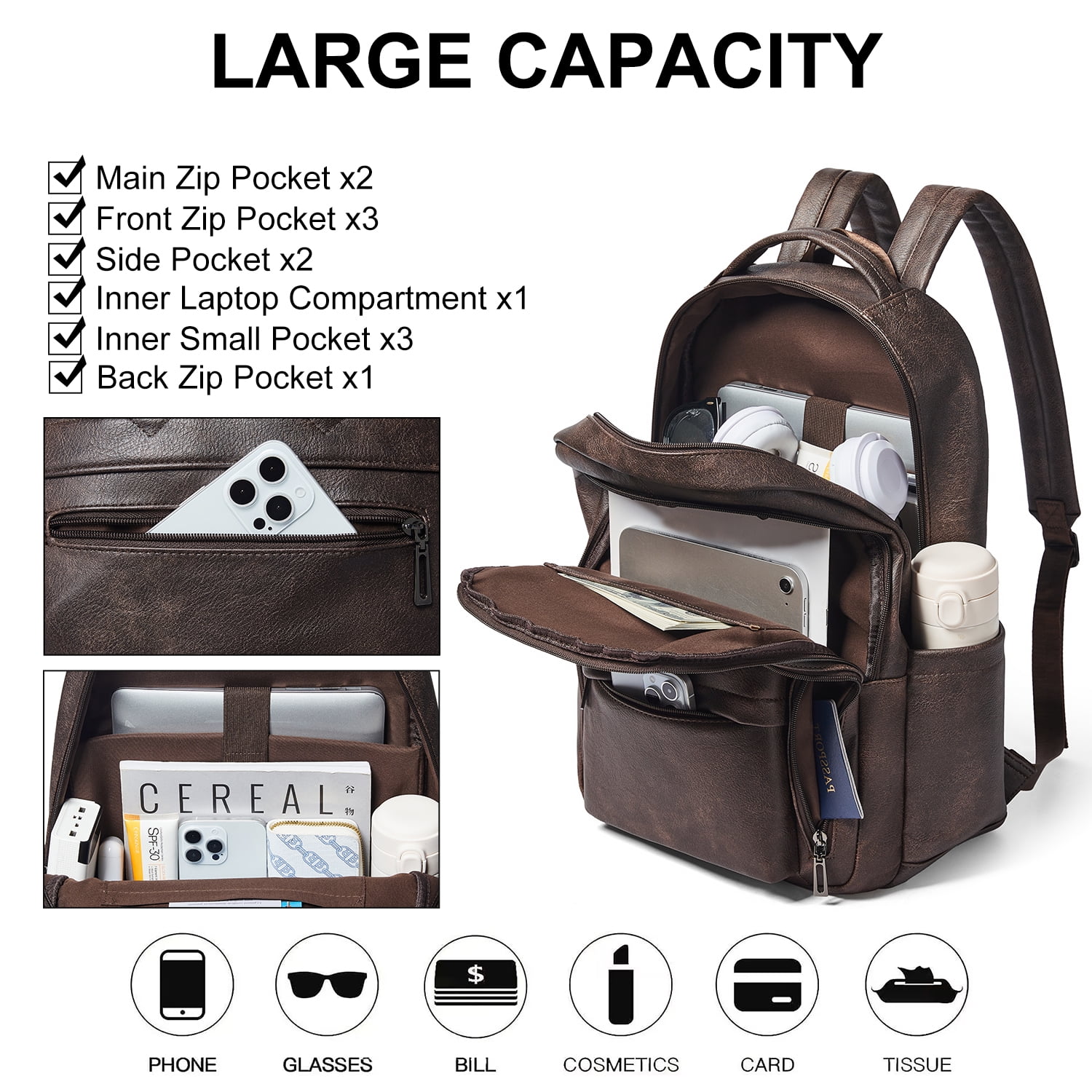 Versatile 30L Faux Leather Backpack Purse for Women & Men, Multi-Use Travel Work Laptop Backpack Bookbag, Fits 15.6" Laptop - Coffee