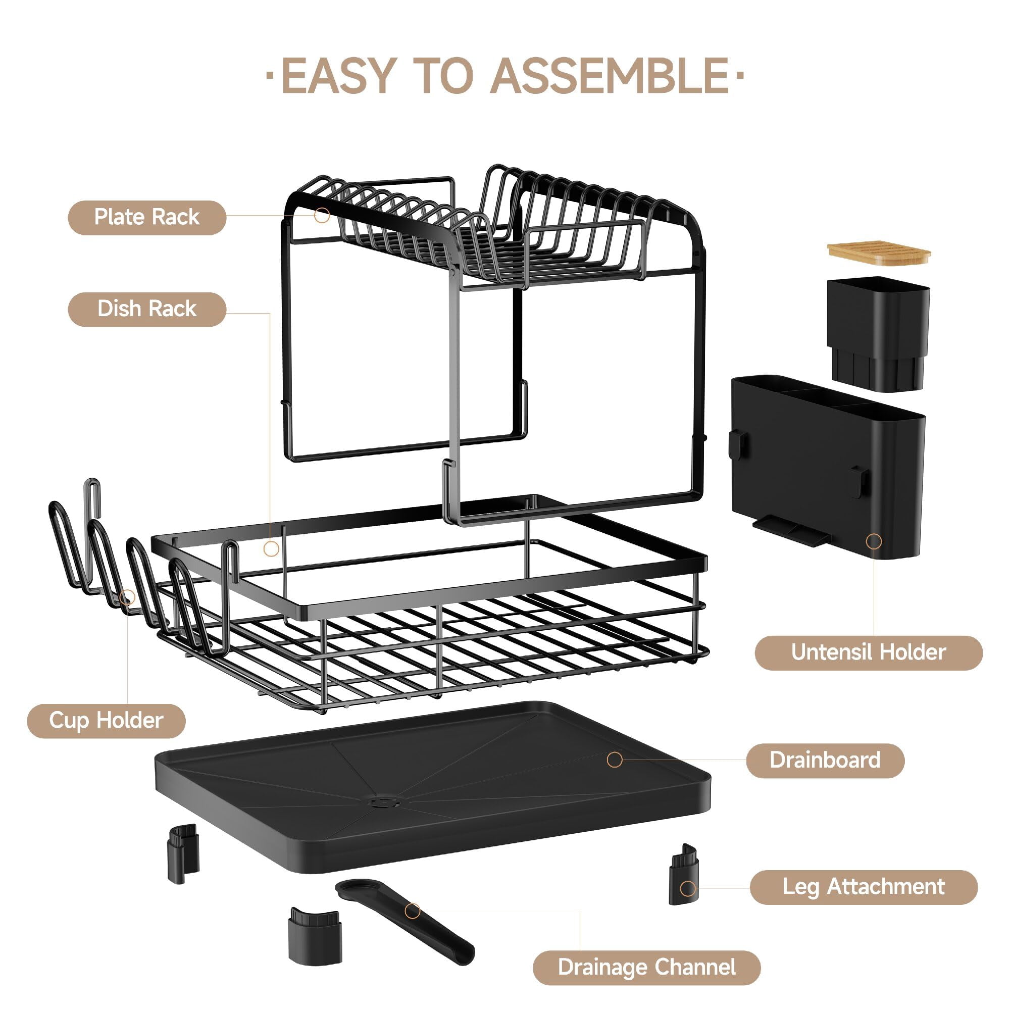 2-tier Dish Drying Rack  Large With Drainboard Set Detachable 4-in-1 Capacity Drainer Over The Sink Anti-rust For Kitchen Counter Black