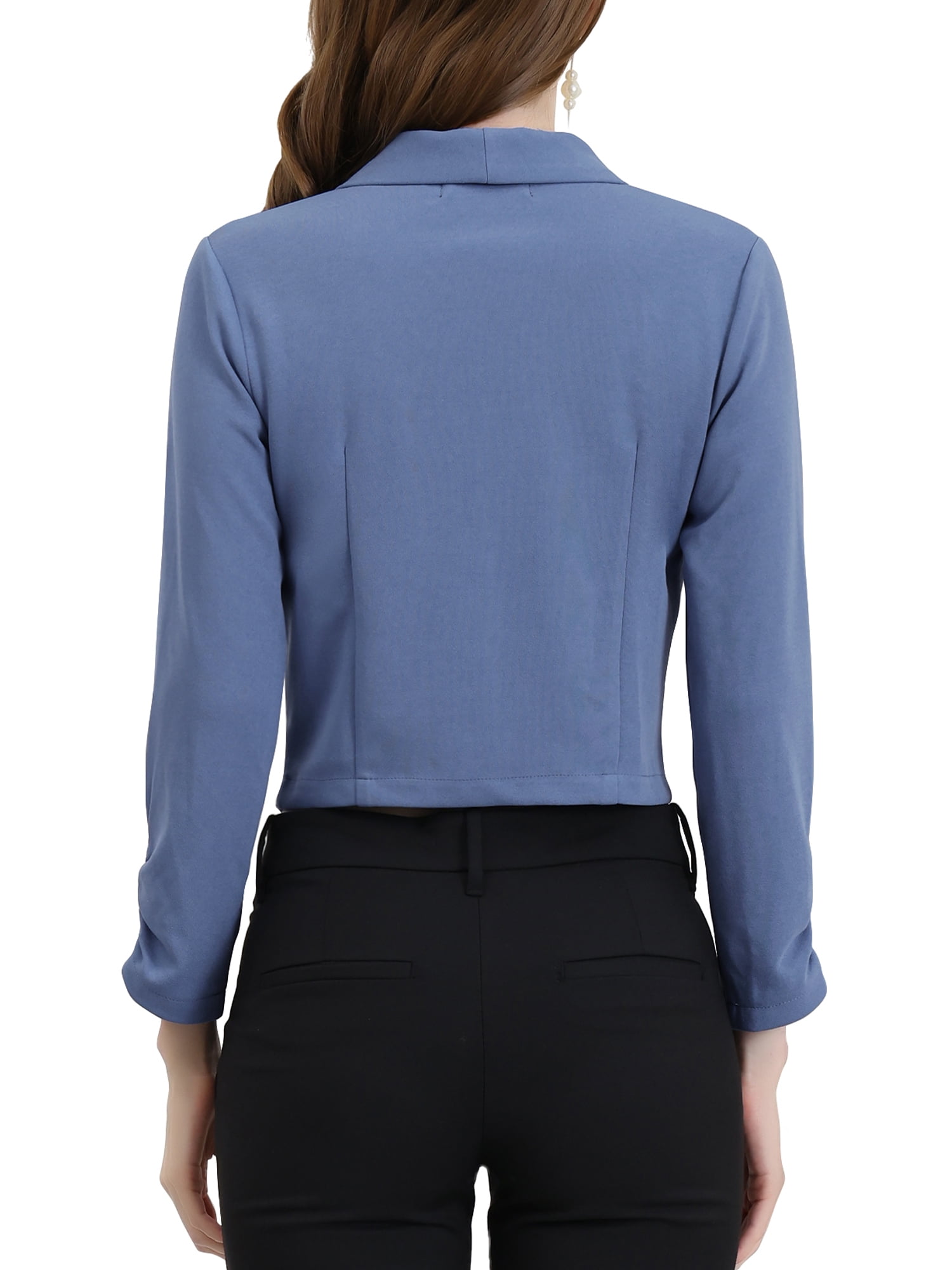 DARING DIVA Women's Notched Lapel Ruched Sleeve Crop Blazer S Blue Grey